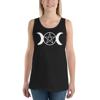 White Triple Moon Goddess design on men's tank top, front view