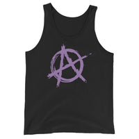 Purple Anarchy Symbol design on men's tank top, front view