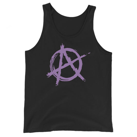 Purple Anarchy Symbol design on men's tank top, front view