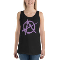 Purple Anarchy Symbol design on men's tank top, front view