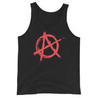Red Anarchy Symbol design on men's tank top, front view