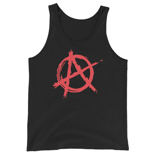 Red Anarchy Symbol design on men's tank top, front view