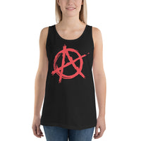 Red Anarchy Symbol design on men's tank top, front view
