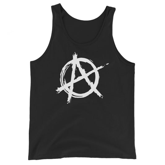 White Anarchy Symbol design on men's tank top, front view