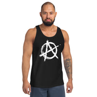 White Anarchy Symbol design on men's tank top, front view