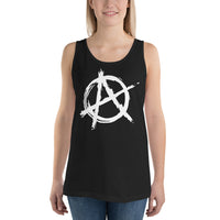White Anarchy Symbol design on men's tank top, front view