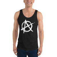 White Anarchy Symbol design on men's tank top, front view