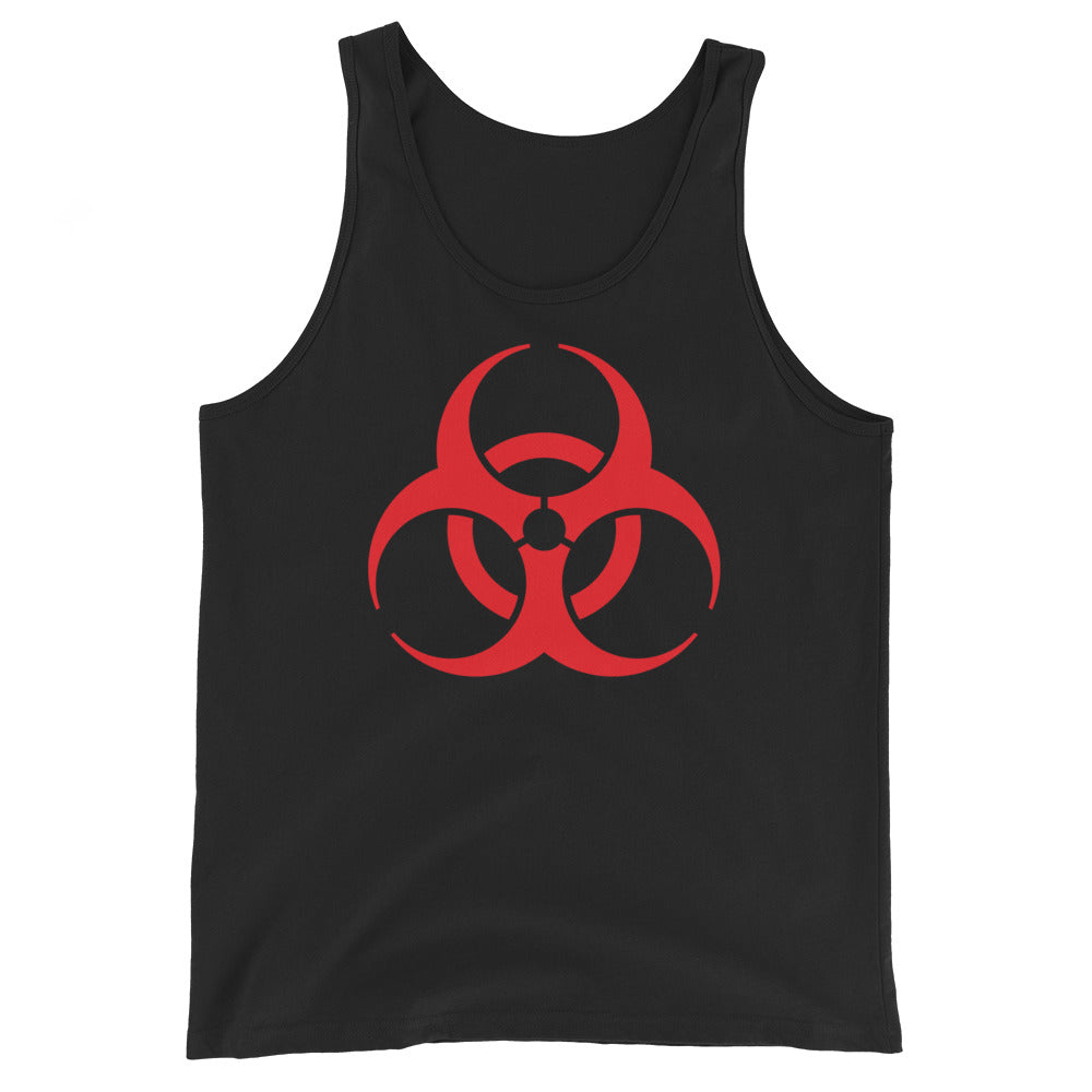 Red Biohazard Symbol design on men's tank top, front view