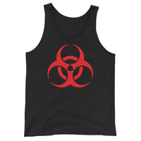Red Biohazard Symbol design on men's tank top, front view