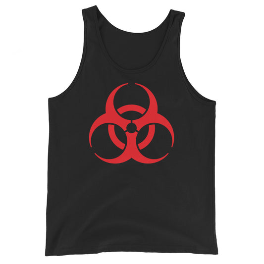 Red Biohazard Symbol design on men's tank top, front view