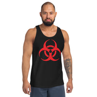 Red Biohazard Symbol design on men's tank top, front view