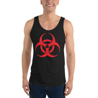 Red Biohazard Symbol design on men's tank top, front view