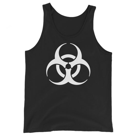 White Biohazard Symbol design on men's tank top, front view