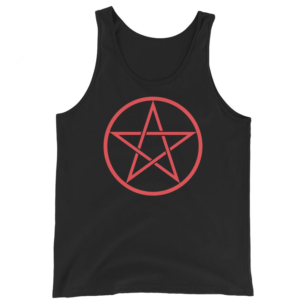 Red Wiccan Pentagram design on men's tank top, front view