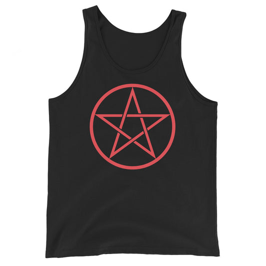 Red Wiccan Pentagram design on men's tank top, front view