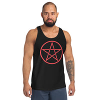 Red Wiccan Pentagram design on men's tank top, front view