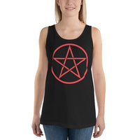 Red Wiccan Pentagram design on men's tank top, front view