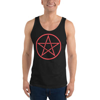 Red Wiccan Pentagram design on men's tank top, front view