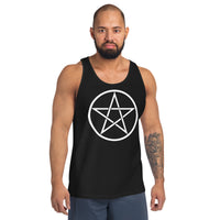 White Wiccan Pentagram design on men's tank top, front view