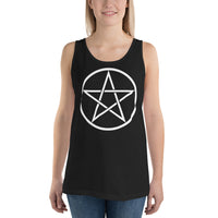 White Wiccan Pentagram design on men's tank top, front view
