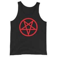 Red Inverted Pentagram design on men's tank top, front view