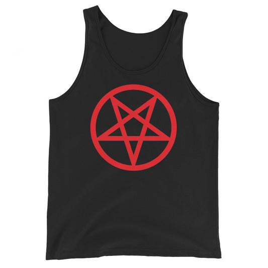 Red Inverted Pentagram design on men's tank top, front view
