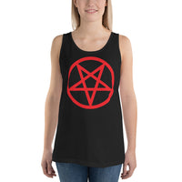 Red Inverted Pentagram design on men's tank top, front view