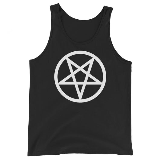 White Inverted Pentagram design on men's tank top, front view