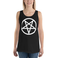 White Inverted Pentagram design on men's tank top, front view