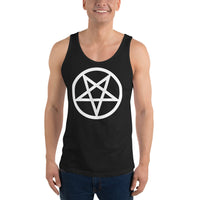 White Inverted Pentagram design on men's tank top, front view