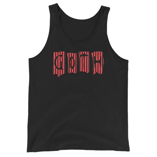 Black Red Gothic Stripes design on men's tank top, front view