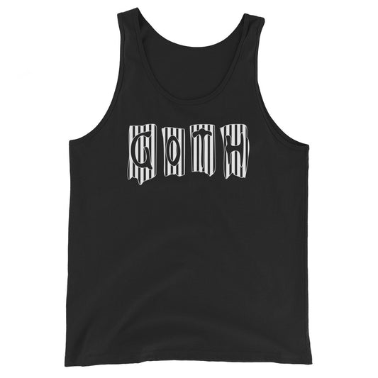 Black White Gothic Stripes design on men's tank top, front view