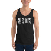 Black White Gothic Stripes design on men's tank top, front view