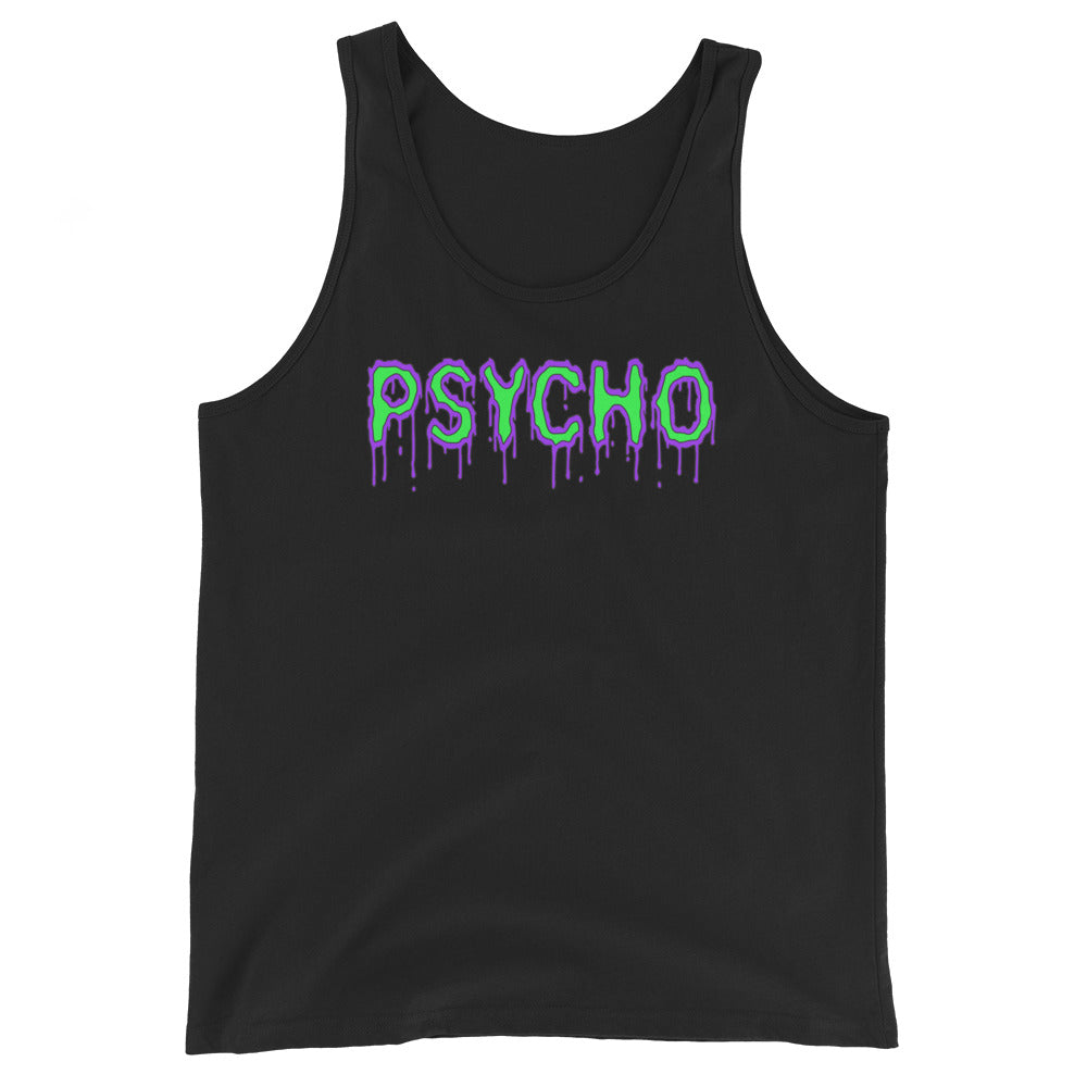 Psycho design on men's tank top, front view