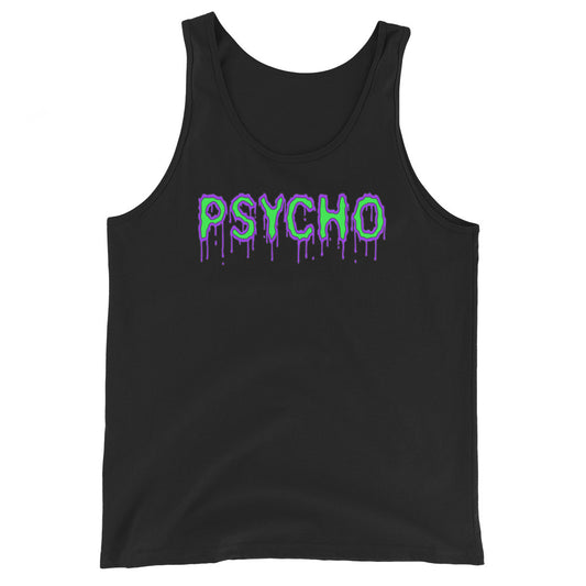 Psycho design on men's tank top, front view