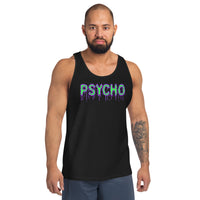 Psycho design on men's tank top, front view