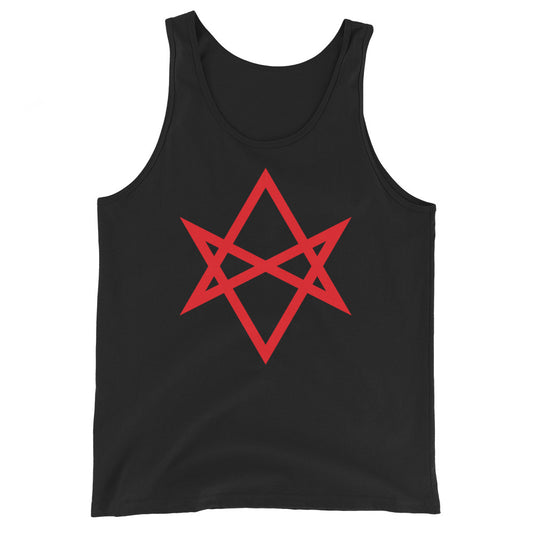 Red Unicursal Hexagram design on men's tank top, front view