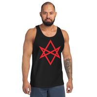 Red Unicursal Hexagram design on men's tank top, front view