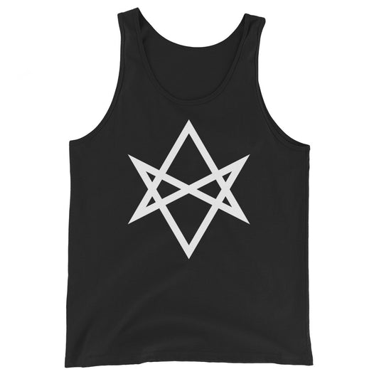 White Unicursal Hexagram design on men's tank top, front view