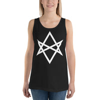 White Unicursal Hexagram design on men's tank top, front view