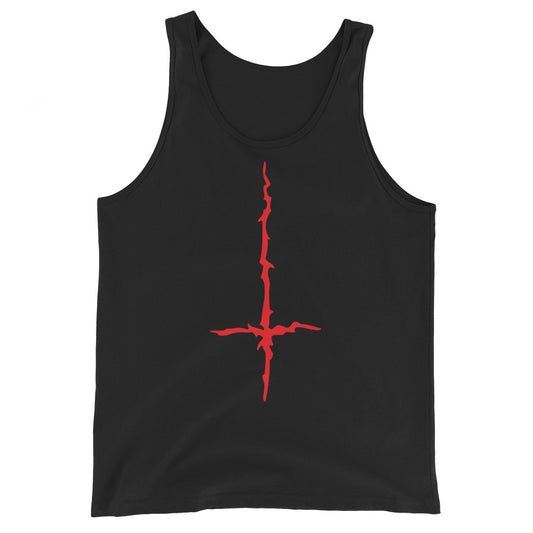 Red Melting Inverted Cross design on men's tank top, front view