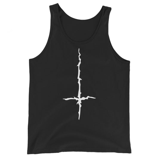 White Melting Inverted Cross design on men's tank top, front view
