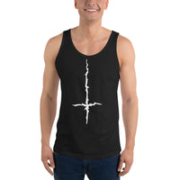 White Melting Inverted Cross design on men's tank top, front view