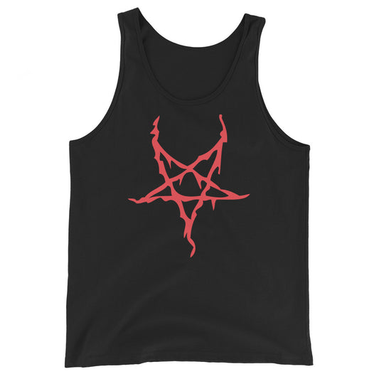 Red Melting Inverted Pentagram design on men's tank top, front view