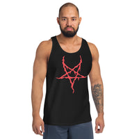 Red Melting Inverted Pentagram design on men's tank top, front view