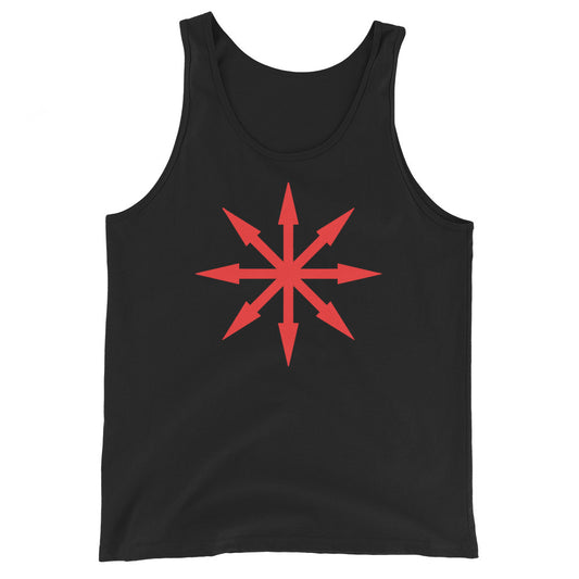 Red Chaos Star design on men's tank top, front view