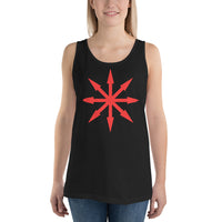 Red Chaos Star design on men's tank top, front view