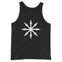 White Chaos Star design on men's tank top, front view