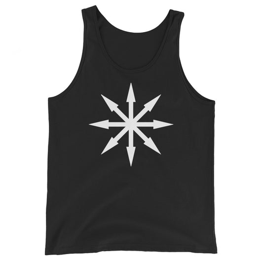 White Chaos Star design on men's tank top, front view