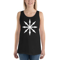 White Chaos Star design on men's tank top, front view